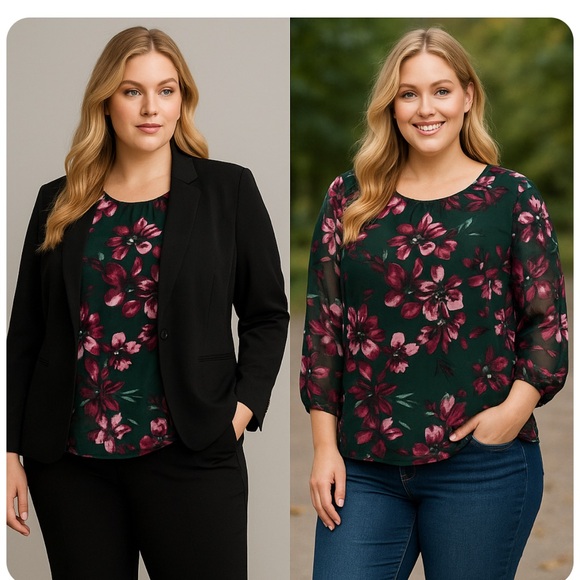 Kasper Tops - Kasper Dark Green and Pink Floral Blouse